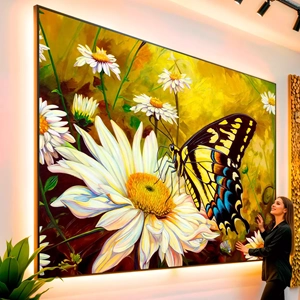 Quadro Borboleta Amarela Brincando Com Flores de Seda visto de frente, exibindo sua moldura e sua arte.