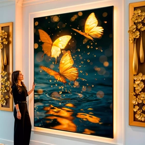 Quadro Borboleta Amarela Dançando Sob Gotas Cintilantes visto de frente, exibindo sua moldura e sua arte.
