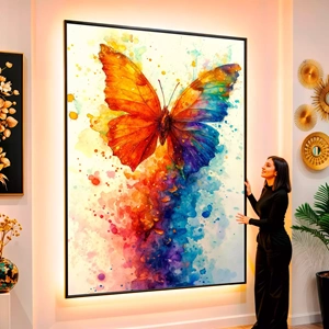 Quadro Borboleta Colorida Voando Em Explosão de Cores visto de frente, exibindo sua moldura e sua arte.