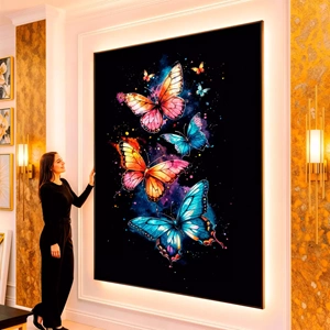 Quadro Borboletas Coloridas Viajando Pelo Universo Estrelado visto de frente, exibindo sua moldura e sua arte.