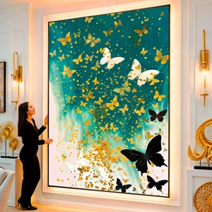 Quadro Borboletas Dançando em Universo de Fantasia visto de frente, exibindo sua moldura e sua arte.