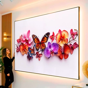 Quadro Borboletas Dançando Entre Orquídeas Vibrantes visto de frente, exibindo sua moldura e sua arte.