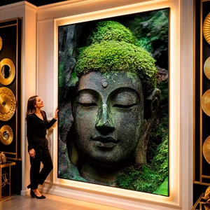 Quadro Buda visto de frente, exibindo sua moldura e sua arte.