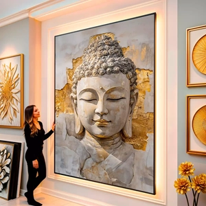 Quadro Buda visto de frente, exibindo sua moldura e sua arte.