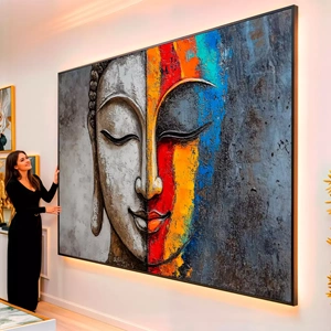 Quadro Buda Sereno Entre Tons de Harmonia visto de frente, exibindo sua moldura e sua arte.