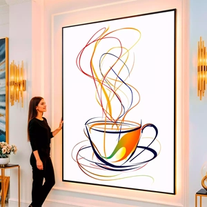 Quadro Café das Cores e Aromas Envolventes visto de frente, exibindo sua moldura e sua arte.