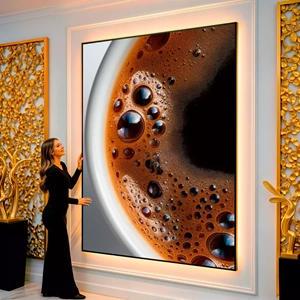 Quadro Café das Espumas e Reflexos Aconchegantes visto de frente, exibindo sua moldura e sua arte.