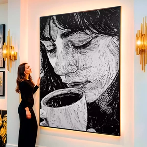 Quadro Café de Silêncios Profundos e Aromas Marcantes visto de frente, exibindo sua moldura e sua arte.