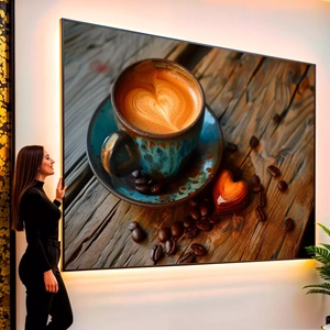 Quadro Café dos Amores e Momentos Aconchegantes visto de frente, exibindo sua moldura e sua arte.