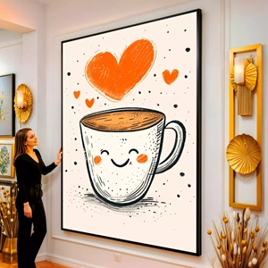 Quadro Café dos Sorrisos e Amores Quentes visto de frente, exibindo sua moldura e sua arte.