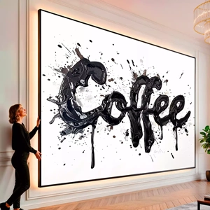 Quadro Café em Explosão de Criatividade Dinâmica visto de frente, exibindo sua moldura e sua arte.
