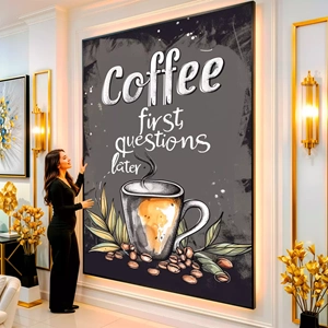 Quadro Café Primeiro Perguntas Depois visto de frente, exibindo sua moldura e sua arte.