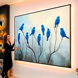 Quadro Calmaria dos Pássaros Azuis visto de frente, exibindo sua moldura e sua arte.