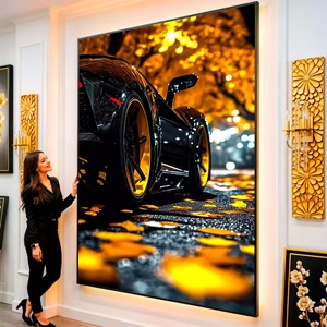 Quadro Carro Brilhante Nas Folhas de Outono visto de frente, exibindo sua moldura e sua arte.
