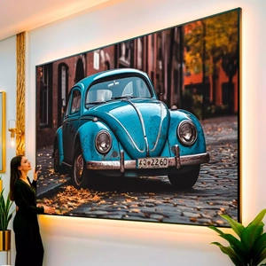 Quadro Carro Clássico Nas Ruas Antigas visto de frente, exibindo sua moldura e sua arte.