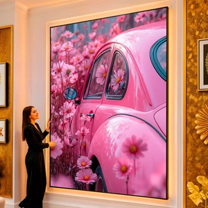 Quadro Carro Encantado Entre as Flores Rosadas visto de frente, exibindo sua moldura e sua arte.