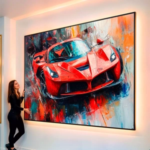 Quadro Carro Flamejante Nas Cores da Velocidade visto de frente, exibindo sua moldura e sua arte.