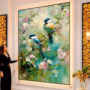 Quadro Dança dos Pássaros Primaveris visto de frente, exibindo sua moldura e sua arte.