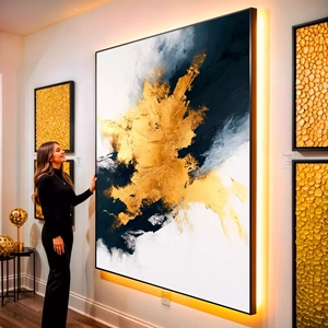 Quadro Dourado Crepúsculo Entre Luzes e Sombras visto de frente, exibindo sua moldura e sua arte.