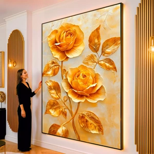 Quadro Dourado Encanto das Rosas Resplandecentes visto de frente, exibindo sua moldura e sua arte.