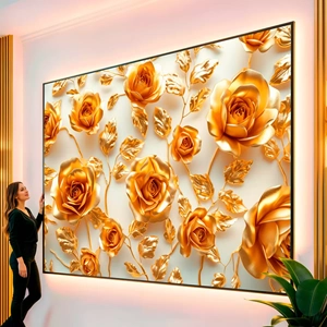 Quadro Dourado Flores Radiantes em Beleza Eterna visto de frente, exibindo sua moldura e sua arte.