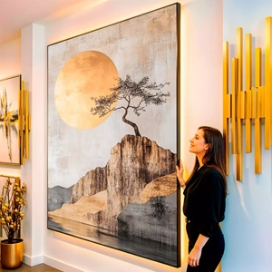Quadro Dourado Horizonte das Paisagens Serenas visto de frente, exibindo sua moldura e sua arte.