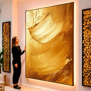 Quadro Dourado Movimento das Ondas Luminosas visto de frente, exibindo sua moldura e sua arte.