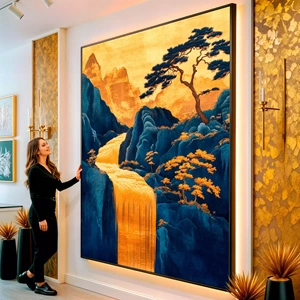 Quadro Dourado Véu que Abraça as Montanhas visto de frente, exibindo sua moldura e sua arte.