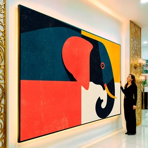Quadro Elefante Abstrato em Blocos de Cor visto de frente, exibindo sua moldura e sua arte.