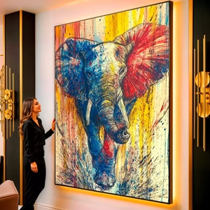 Quadro Elefante Colorido Desbravando o Horizonte Vibrante visto de frente, exibindo sua moldura e sua arte.