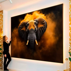 Quadro Elefante Eterno em Névoa Dourada Encantada visto de frente, exibindo sua moldura e sua arte.