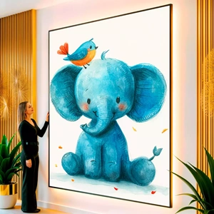Quadro Elefante Infantil e o Pássaro Azul visto de frente, exibindo sua moldura e sua arte.