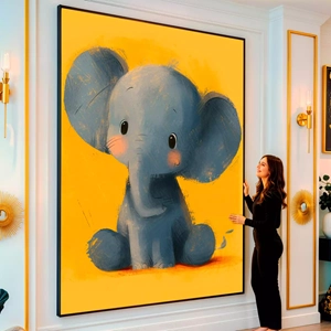 Quadro Elefante Infantil em Um Mundo Mágico visto de frente, exibindo sua moldura e sua arte.
