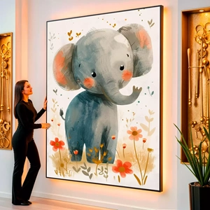 Quadro Elefante Infantil no Jardim dos Encantos visto de frente, exibindo sua moldura e sua arte.