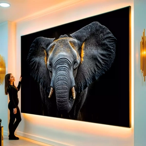 Quadro Elefante Majestoso na Sombra Dourada Profunda visto de frente, exibindo sua moldura e sua arte.