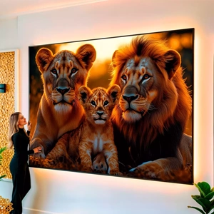 Quadro Família de Leões ao Pôr do Sol Dourado visto de frente, exibindo sua moldura e sua arte.