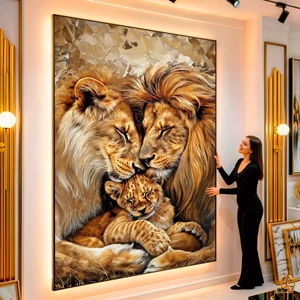 Quadro Família de Leões em Harmonia visto de frente, exibindo sua moldura e sua arte.