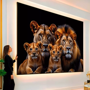 Quadro Família de Leões em Harmonia na Savana Noturna visto de frente, exibindo sua moldura e sua arte.