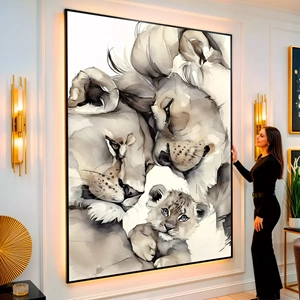 Quadro Família de Leões em Laços de Ternura Eterna visto de frente, exibindo sua moldura e sua arte.