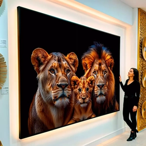 Quadro Família de Leões em Olhares Poderosos de Realeza visto de frente, exibindo sua moldura e sua arte.