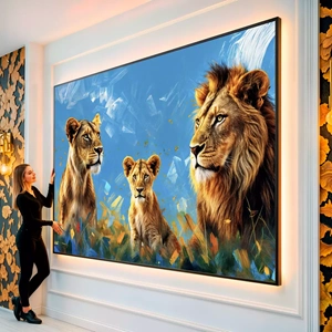 Quadro Família de Leões em Serenidade Majestosa visto de frente, exibindo sua moldura e sua arte.