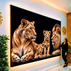 Quadro Família de Leões Harmonia em Resplendor Majestoso visto de frente, exibindo sua moldura e sua arte.