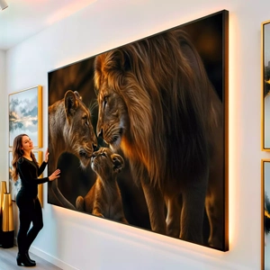 Quadro Família de Leões Intimidade em Olhares de Carinho visto de frente, exibindo sua moldura e sua arte.