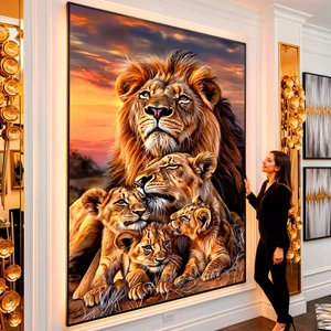Quadro Família Leões visto de frente, exibindo sua moldura e sua arte.