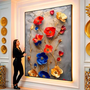 Quadro Flores Azuis Vermelhas Douradas visto de frente, exibindo sua moldura e sua arte.