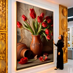 Quadro Flores Tulipas Vermelhas Brilhando na Noite Silenciosa visto de frente, exibindo sua moldura e sua arte.