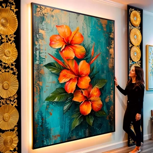 Quadro Flores Vibrantes Alegrando a Parede Desgastada visto de frente, exibindo sua moldura e sua arte.