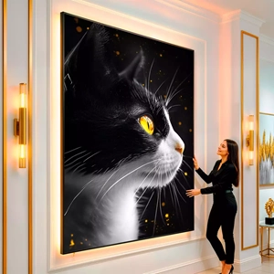 Quadro Gato Celestial dos Olhos de Ouro Brilhante visto de frente, exibindo sua moldura e sua arte.