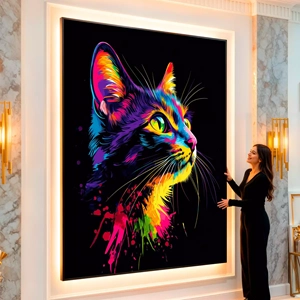 Quadro Gato Cósmico das Cores Vibrantes da Noite visto de frente, exibindo sua moldura e sua arte.