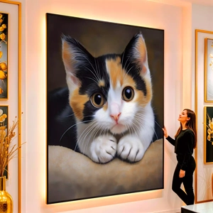Quadro Gato de Olhos Encantadores e Curiosos visto de frente, exibindo sua moldura e sua arte.